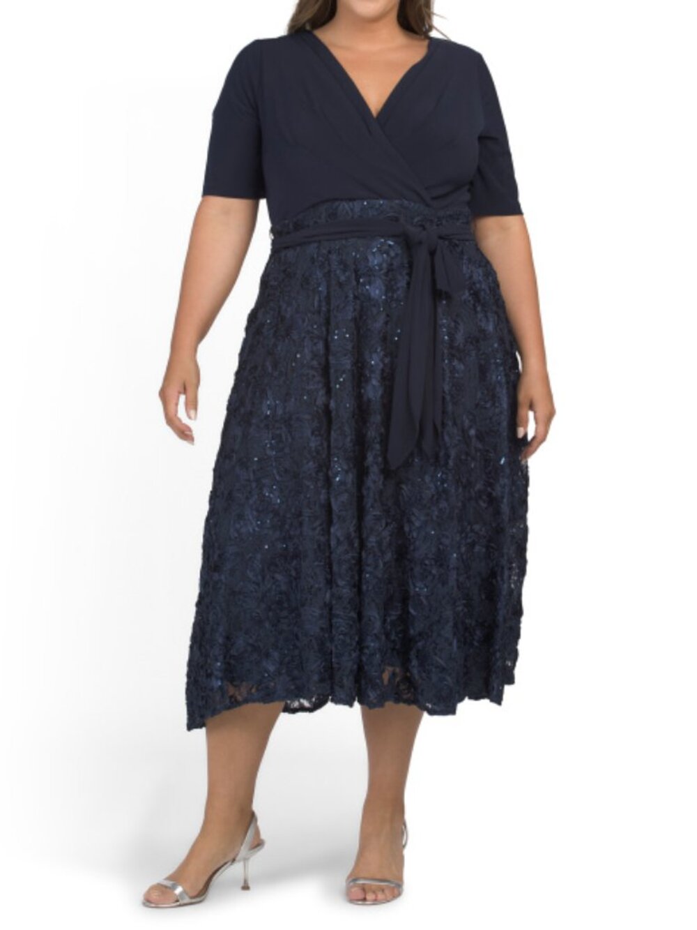 ALEX EVENINGS Plus Tea-length Lace Jersey Cocktail Dress - Picture 1 of 2